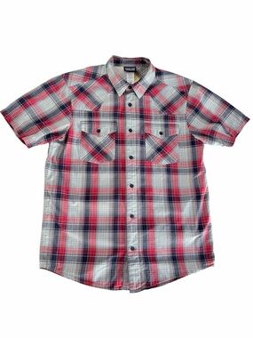 PATAGONIA Red Grey Plaid Three Trees Shirt Organic Cotton Outdoor Hiking button